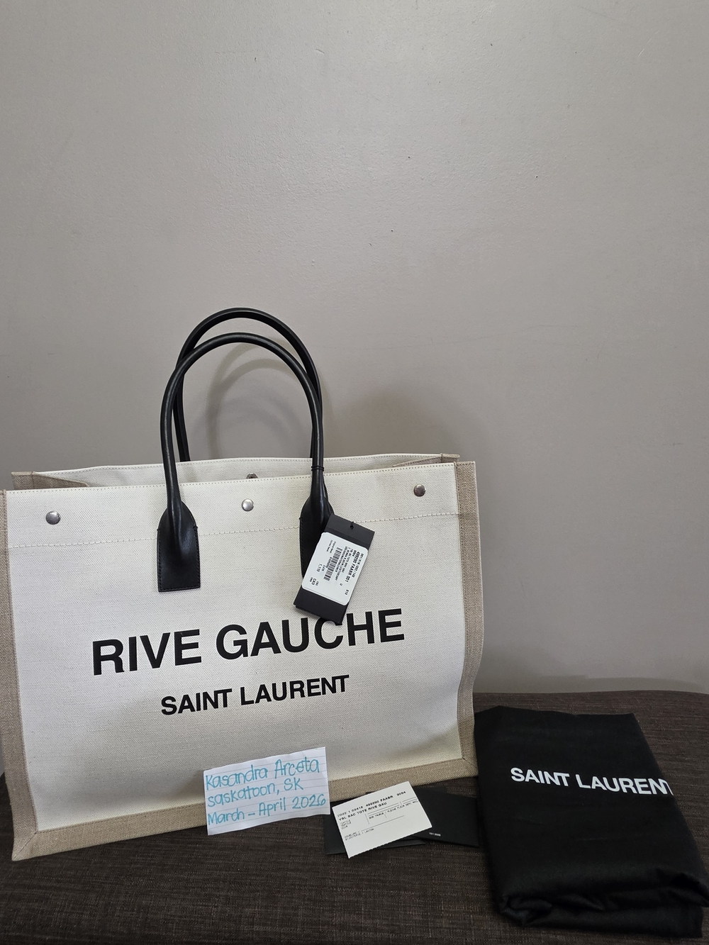 Saint Laurent Rive Gauche Canvas Tote in Cream & Black
